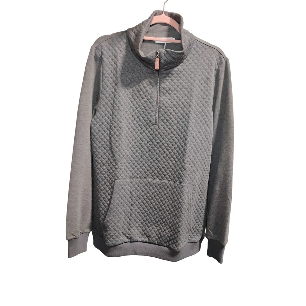 Lanremon Women's Gray Quilted Half Zip Pullover‎ Sweater Top Size L Nwt